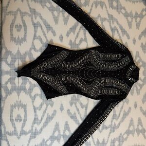 Black Long Sleeve Bodysuit with Silver Embellishments